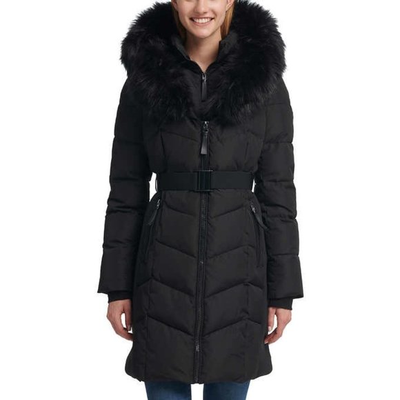 New Calvin Klein Faux Fur-Trim Belted Parka Coat - Picture 1 of 13